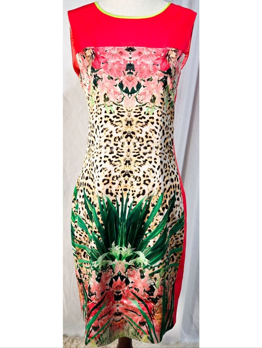 Elie Tahari Sheath Dress Colorful Leopard Animal Print Satin Silk Pink Green